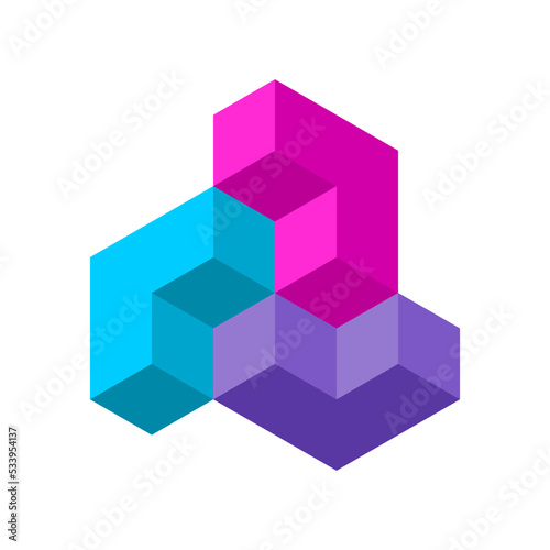 Colorful three letter L logo template. 3D cube design elements. Arrows pointing in different directions. Simple blue, pink, purple geometric shapes made of 3d blocks. Vector illustration, clip art. 
