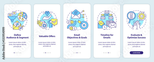 Lead nurturing campaign onboarding mobile app screen. Contacts walkthrough 5 steps editable graphic instructions with linear concepts. UI, UX, GUI template. Myriad Pro-Bold, Regular fonts used