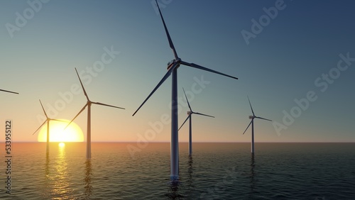 ULTRA HD. Offshore wind energy. Offshore wind turbines farm on the ocean. Sustainable energy production, clean power, close up. 3D Rendering.