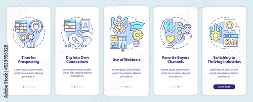 Sales prospecting techniques onboarding mobile app screen. Management walkthrough 5 steps editable graphic instructions with linear concepts. UI, UX, GUI template. Myriad Pro-Bold, Regular fonts used