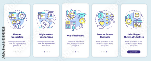 Sales prospecting techniques onboarding mobile app screen. Management walkthrough 5 steps editable graphic instructions with linear concepts. UI, UX, GUI template. Myriad Pro-Bold, Regular fonts used photo