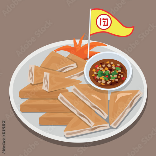 Vector illustration, vegetarian food, fried tofu, with dipping sauce, in a plate, on a light brown background.