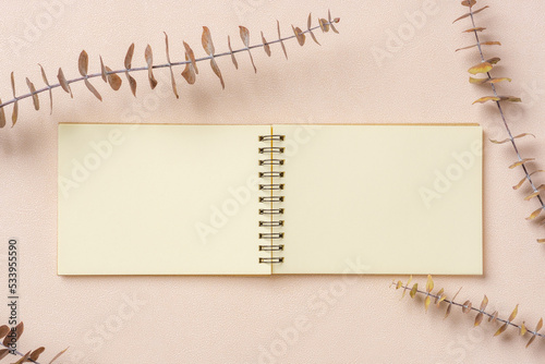 Fotografiet blank notebook with eucalyptus mock up on  pastel peach table