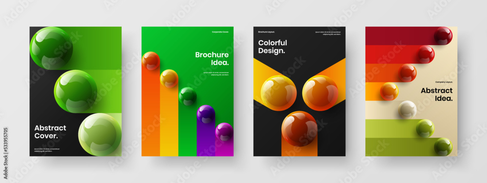 Premium corporate identity A4 design vector illustration collection. Creative 3D balls presentation template bundle.