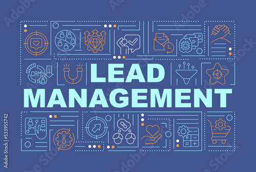 Lead management process word concepts dark blue banner. Business. Infographics with editable icons on color background. Isolated typography. Vector illustration with text. Arial-Black font used
