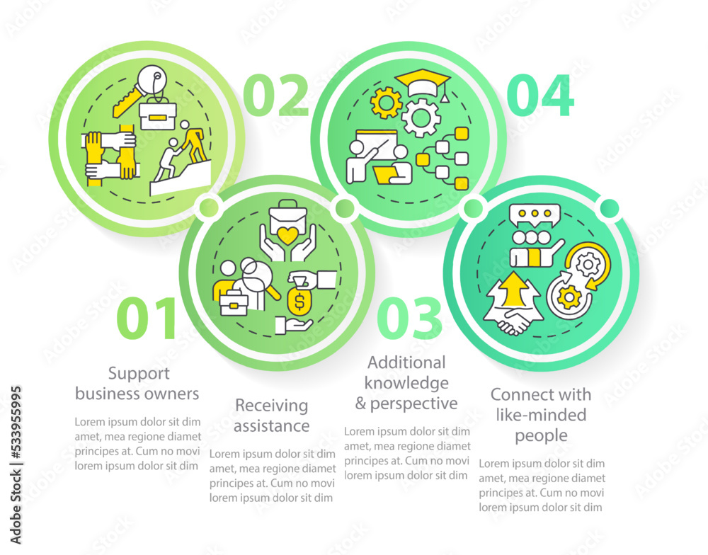 Benefits of business networking circle infographic template. Partnership. Data visualization with 4 steps. Editable timeline info chart. Workflow layout with line icons. Myriad Pro-Regular font used Benefits of business networking circle infographic template. Partnership. Data visualization with 4 steps. Editable timeline info chart. Workflow layout with line icons. Myriad Pro-Regular font used
