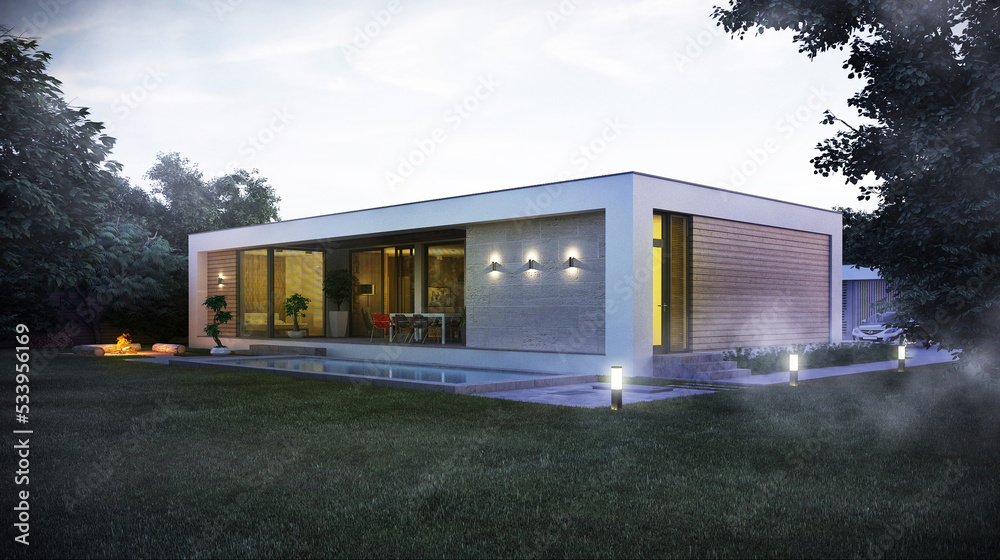 Naklejka premium 3D visualization of a modern house. flat roof house