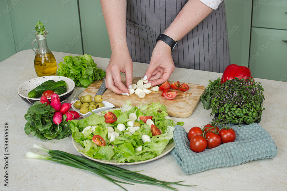 Preparing vegetable healthy food: lettuce salad with tomato and mozzarella Preparing vegetable healthy food: lettuce salad with tomato and mozzarella