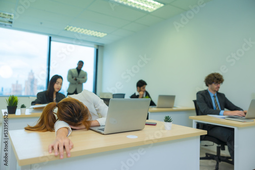 Wallpaper Mural Exhausted Asian woman feeling sick, tired, exhuasted while working on table in office. Torontodigital.ca