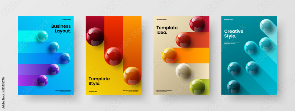 Clean 3D spheres poster layout bundle. Modern magazine cover A4 design vector template composition.