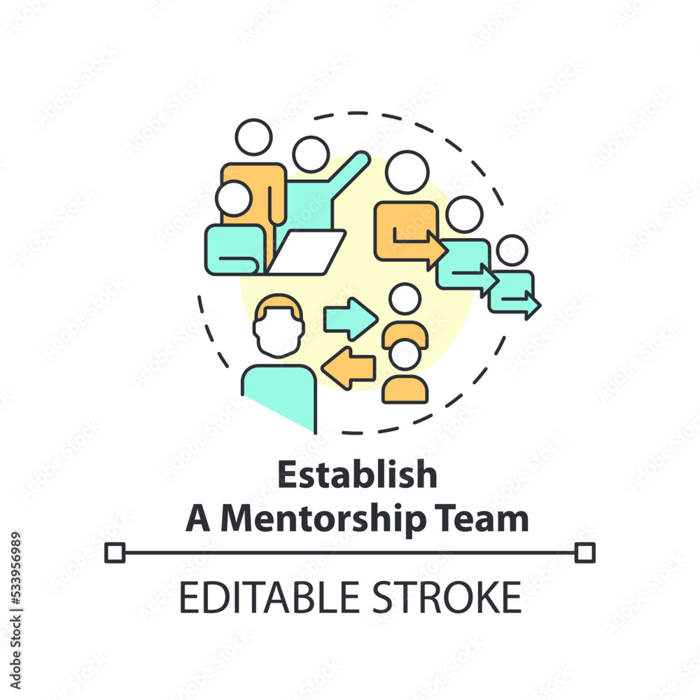 Establish mentorship team concept icon. Coaching tip abstract idea thin line illustration. Attracting participants. Isolated outline drawing. Editable stroke. Arial, Myriad Pro-Bold fonts used