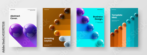 Simple 3D balls annual report illustration bundle. Trendy company brochure A4 vector design template composition.