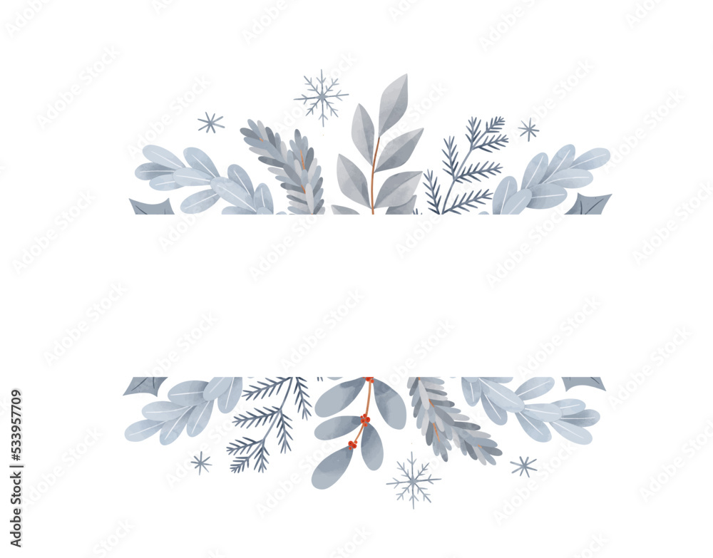 Christmas vector frame. Winter postcard in flat cartoon style. Happy new year. Botanical border with blue fir branches, leaves, berries. Perfect for invitations, home decor, print, postcards Christmas vector frame. Winter postcard in flat cartoon style. Happy new year. Botanical border with blue fir branches, leaves, berries. Perfect for invitations, home decor, print, postcards