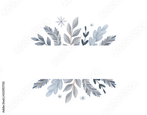 Christmas vector frame. Winter postcard in flat cartoon style. Happy new year. Botanical border with blue fir branches, leaves, berries. Perfect for invitations, home decor, print, postcards