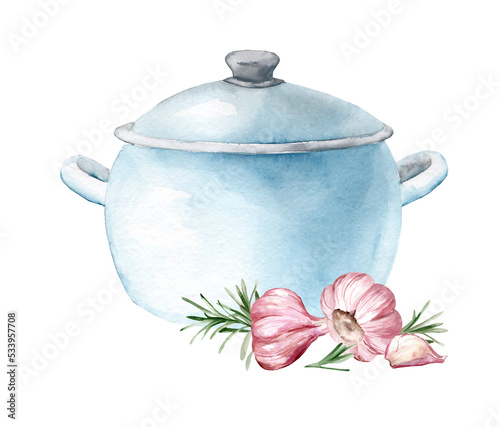 фотографія Frying pan with broth and fresh rosemary and garlic