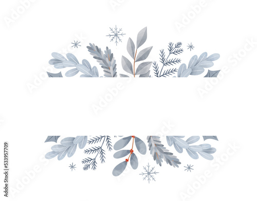 Christmas vector frame. Winter postcard in flat cartoon style. Happy new year. Botanical border with blue fir branches, leaves, berries. Perfect for invitations, home decor, print, postcards