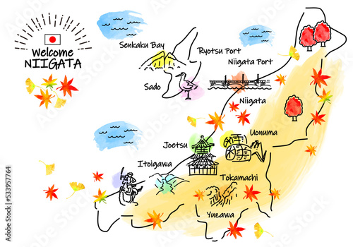秋の新潟県の観光地のシンプル線画イラストマップ