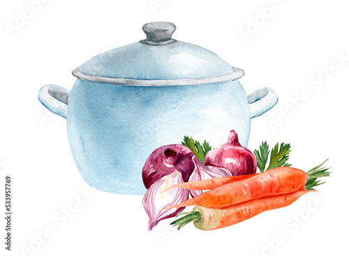 Obraz na płótnie Pan with broth and fresh vegetables onions, carrots and greens