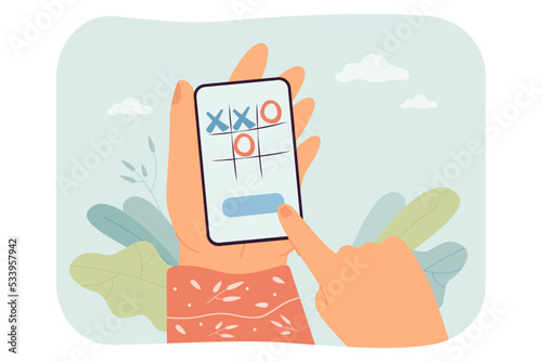 Woman playing tic tac toe game in mobile app. Hands of person touching phone screen flat vector illustration. Strategy, entertainment, technology concept for banner, website design or landing web page
