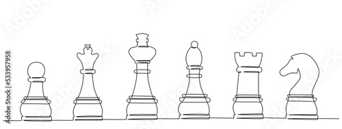 Continuous one line drawing of chess pieces. Vector illustration