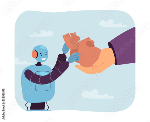 Hand giving heart to tiny robot for medical checkup or operation. Person holding human organ flat vector illustration. Cardiology, AI diagnostics concept for banner, website design or landing web page