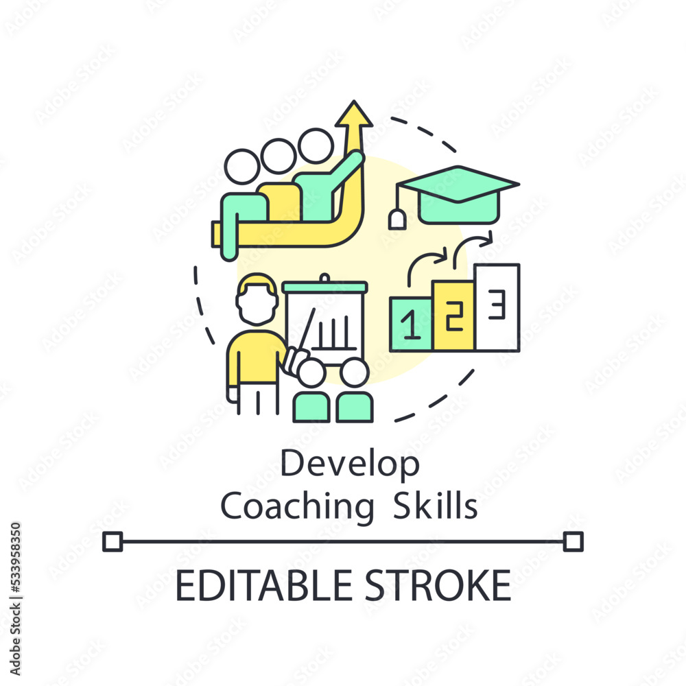 Develop coaching skills concept icon. Mentoring relationship goal abstract idea thin line illustration. Achieve goals. Isolated outline drawing. Editable stroke. Arial, Myriad Pro-Bold fonts used