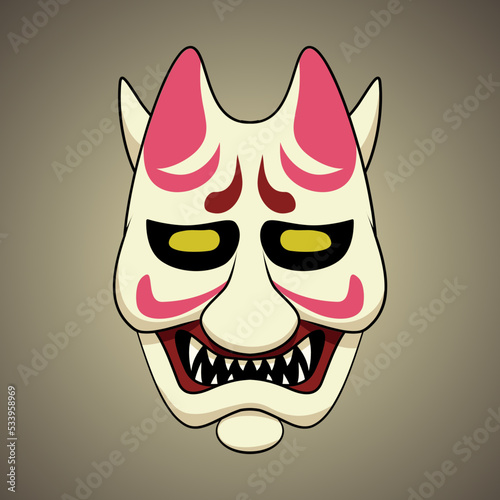 Vector illustration of Japanese style fox oni mask cartoon. Print, illustration, logo design