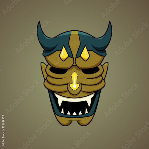 Vector illustration of Japanese style gold oni mask cartoon. Print, illustration, logo design