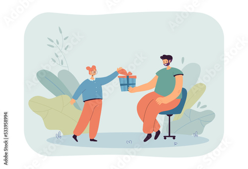 Father giving gift to daughter. Man sitting in chair, holding present box with bow and ribbon flat vector illustration. Birthday, family love concept for banner, website design or landing web page