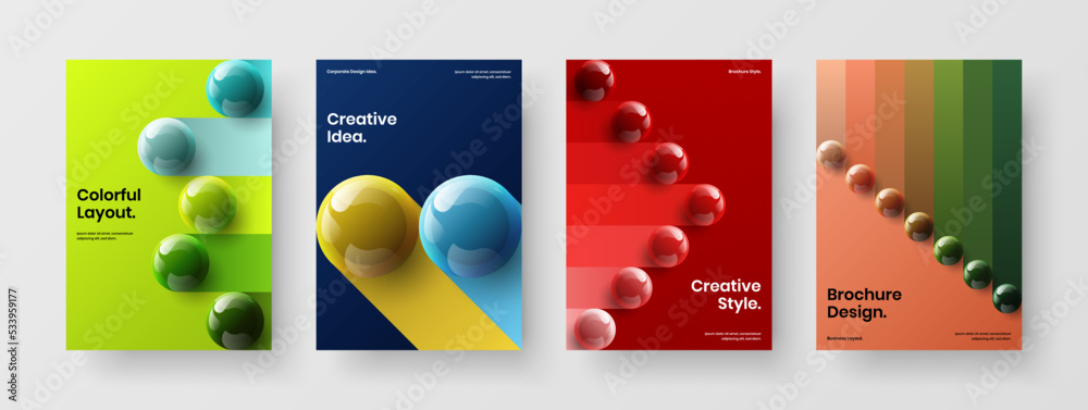 Vivid realistic spheres magazine cover concept collection. Multicolored corporate identity design vector template composition.