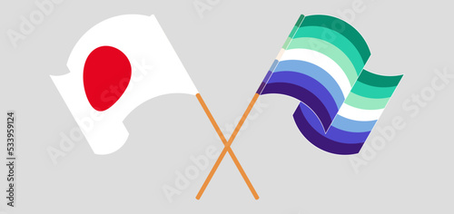 Crossed and waving flags of Japan and gay men pride