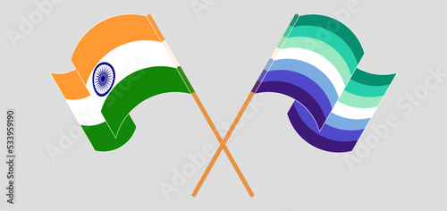 Crossed and waving flags of India and gay men pride