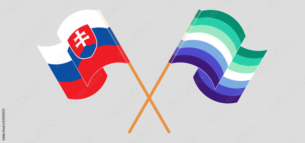 Crossed and waving flags of Slovakia and gay men pride