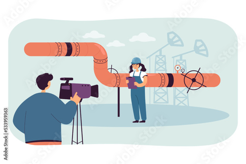 Man with camera recording pipeline inspection process. Female worker standing near equipment flat vector illustration. Oil and gas industry concept for banner, website design or landing web page