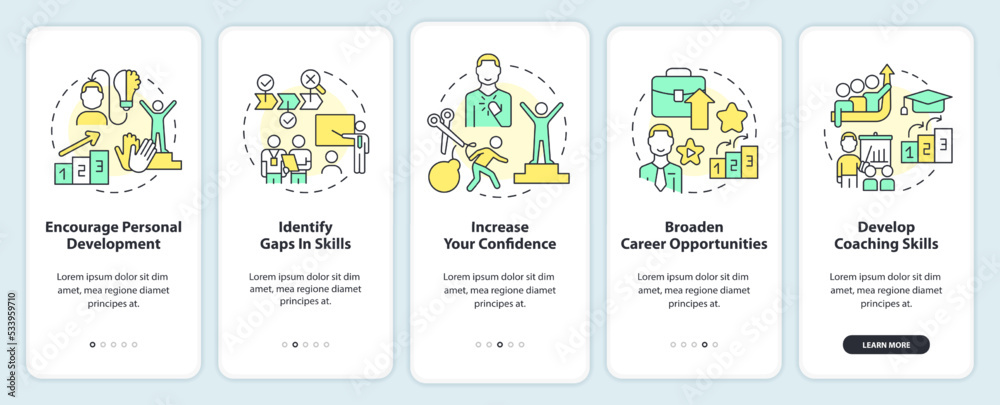 Benefits of mentoring relationship onboarding mobile app screen. Walkthrough 5 steps editable graphic instructions with linear concepts. UI, UX, GUI template. Myriad Pro-Bold, Regular fonts used