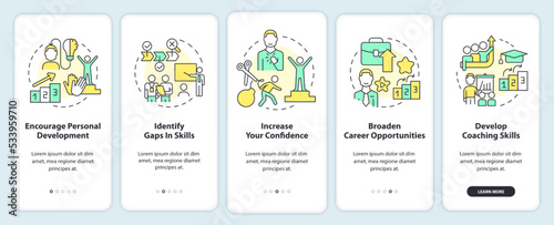 Benefits of mentoring relationship onboarding mobile app screen. Walkthrough 5 steps editable graphic instructions with linear concepts. UI, UX, GUI template. Myriad Pro-Bold, Regular fonts used