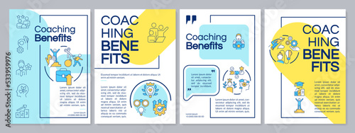Mentoring advantages blue and yellow brochure template. New insights. Leaflet design with linear icons. Editable 4 vector layouts for presentation, annual reports. Questrial, Lato-Regular fonts used
