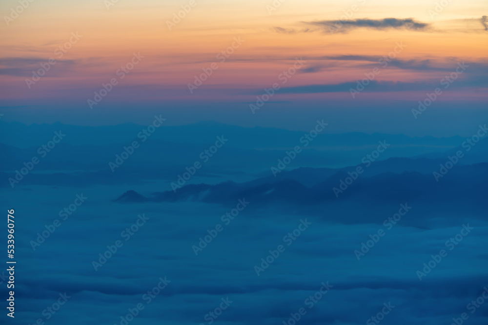 Mountain panorama during sunrise. Beautiful natural panoramic landscape in the summer time