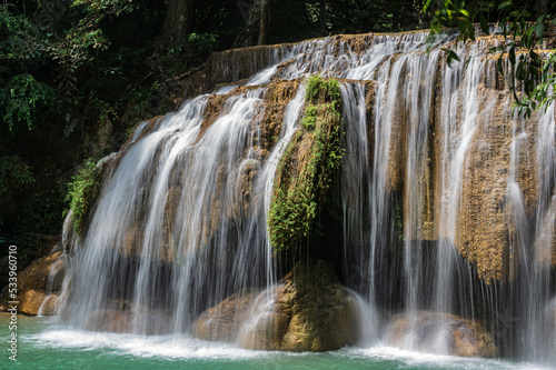 Landscape view of Erawan waterfall kanchanaburi thailand.Erawan National Park is home to one of the most popular falls in the thailand.second  floor of erawan waterfall “Wang Macha”