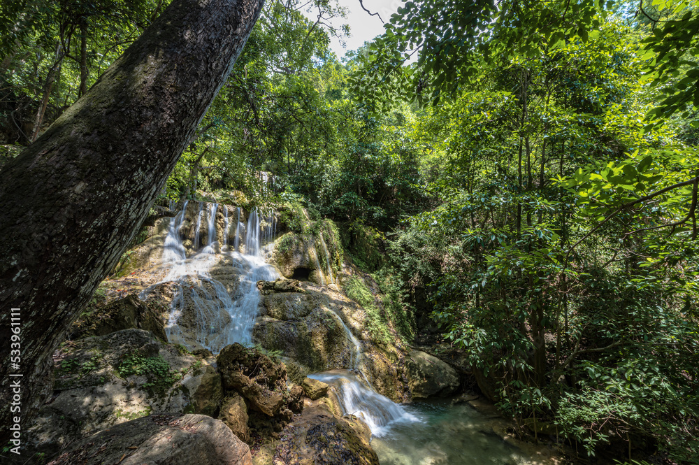 Landscape view of Erawan waterfall kanchanaburi thailand.Erawan National Park is home to one of the most popular falls in the thailand.The sixth level of Erawan waterfall is called 