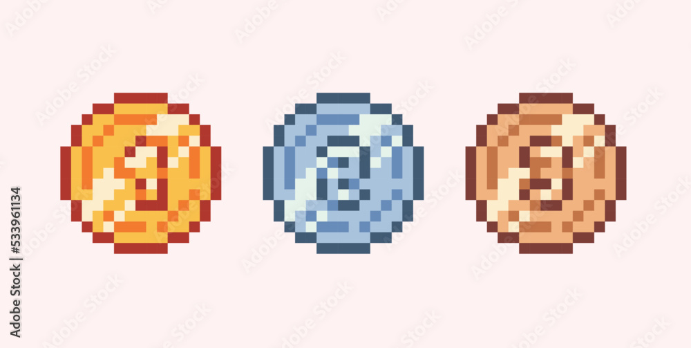 Gold, silver and bronze medal pixel art set. Winner trophy, prize