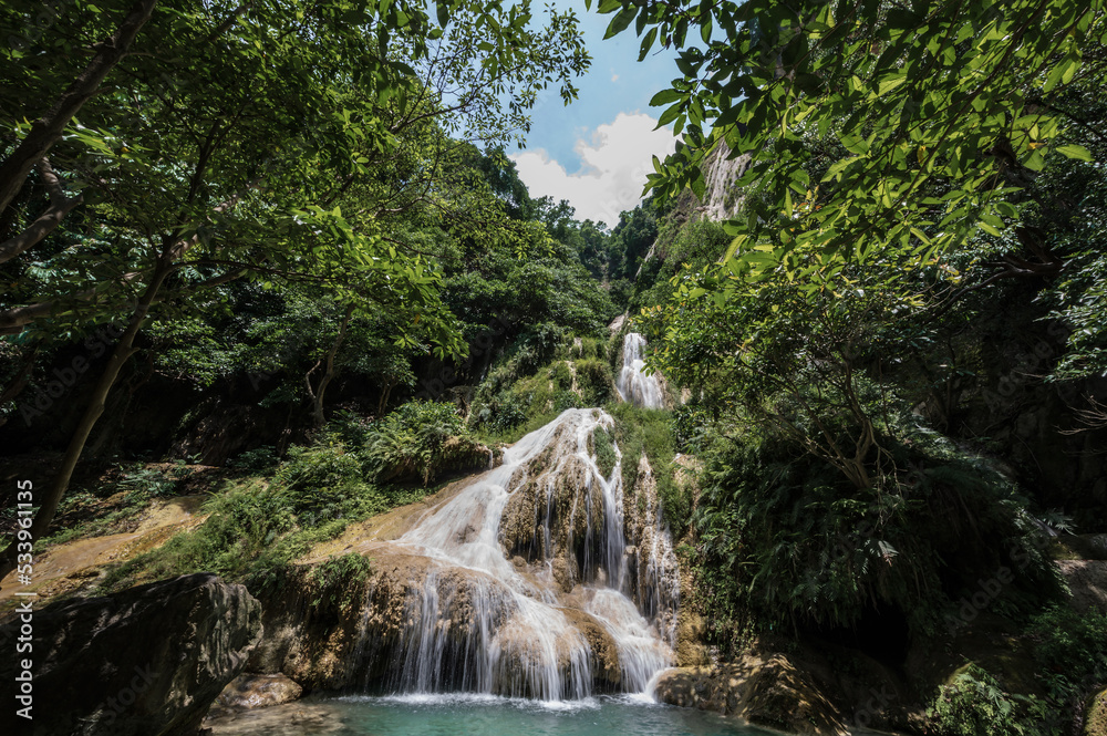 Landscape view of Erawan waterfall kanchanaburi thailand.Erawan National Park is home to one of the most popular falls in the thailand.The seven level of Erawan waterfall is called 