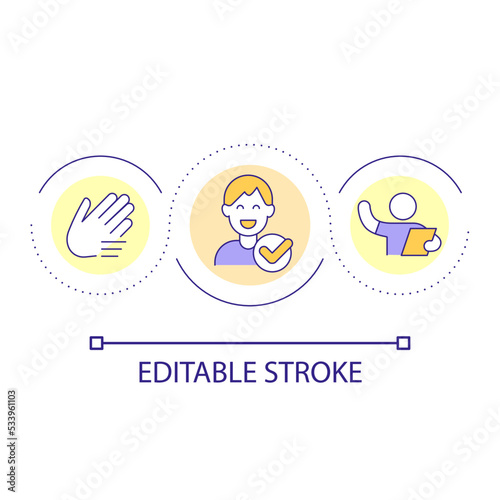 Welcoming and greeting guest loop concept icon. Behavioural etiquette abstract idea thin line illustration. Professional behavior. Isolated outline drawing. Editable stroke. Arial font used