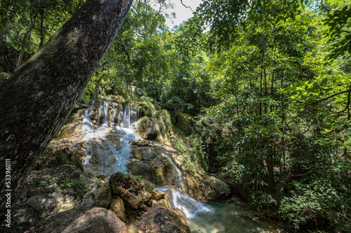 Landscape view of Erawan waterfall kanchanaburi thailand.Erawan National Park is home to one of the most popular falls in the thailand.The sixth level of Erawan waterfall is called "Dong Prucksa"