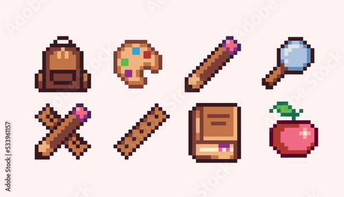 School tools pixel art set. Student logo collection, education signs. 8 bit sprite. Game development, mobile app.  Isolated vector illustration.