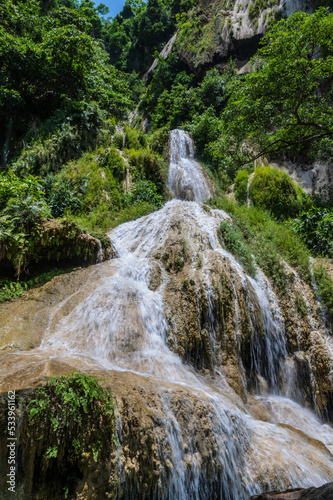 Landscape view of Erawan waterfall kanchanaburi thailand.Erawan National Park is home to one of the most popular falls in the thailand.The seven level of Erawan waterfall is called 