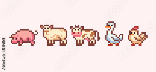 Farm animals pixel art icon set. Domestic countryside pets: cow, chicken, sheep, goose and pig logo collection. 8-bit sprite. Game development, mobile app. Isolated vector illustration.