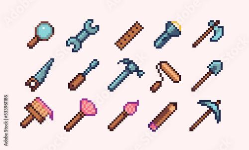 Working, mining tools pixel art set. Repair equipment collection. 8 bit sprite. Game development, mobile app.  Isolated vector illustration.
