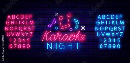 Karaoke night neon label. Party invitation. Luminous pink and blue alphabet. Notes icon. Vector stock illustration