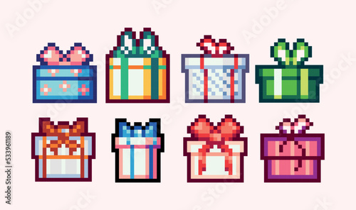 Gift boxes with red ribbons pixel art set. Present packages with bows collection. 8-bit sprite. Game development, mobile app. Isolated vector illustration.